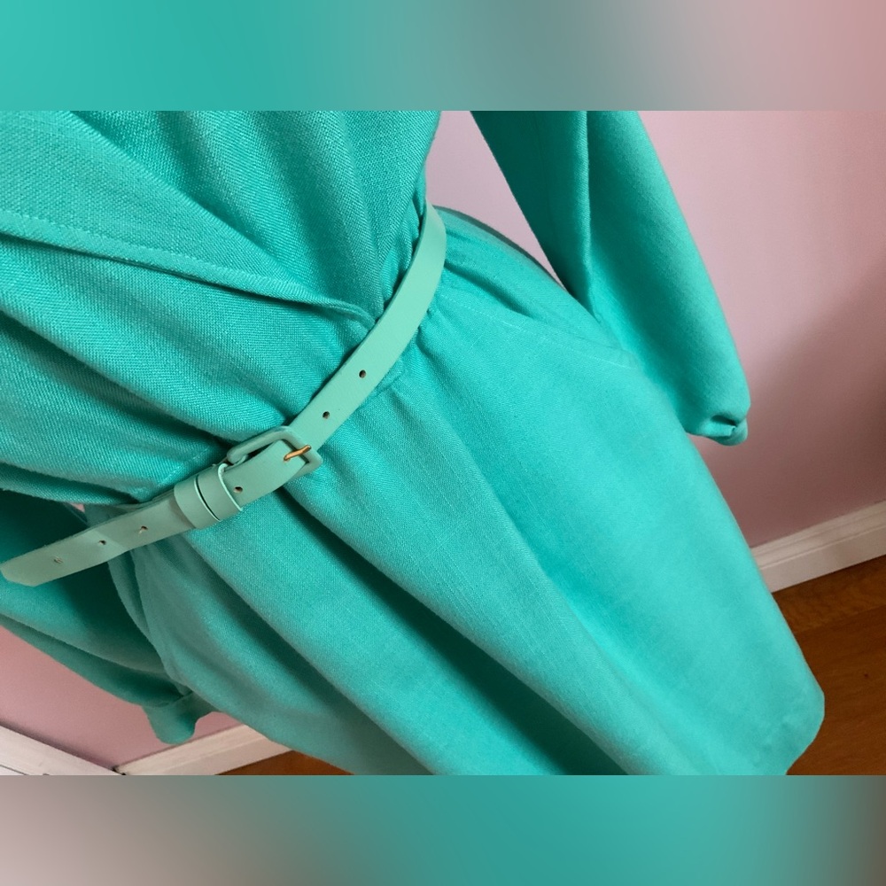 Vintage Teal Wrap-Style Long Sleeve Women's Dress with Belt - Picture 3 of 8